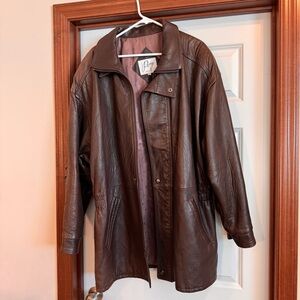 Men’s Brown Leather Car Coat Jacket Classic Field Style Zip & Snap Front Size 44